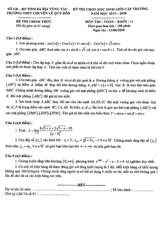 Đề thi chọn HSG Toán 11 năm 2019 2020 trường chuyên Lê Quý Đôn BR VT