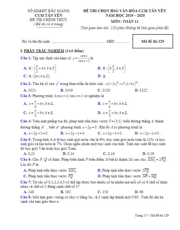 Đề thi chọn HSG Toán 11 năm học 2019 2020 cụm Tân Yên Bắc Giang