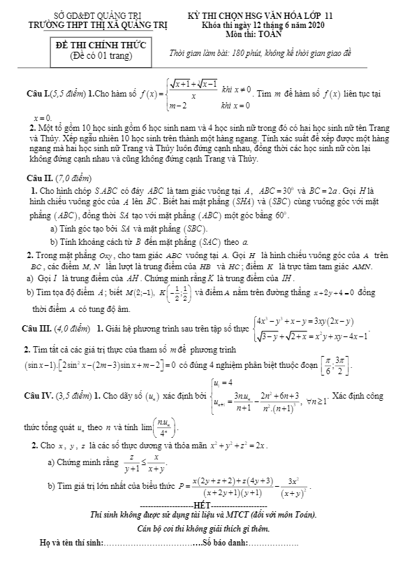 Đề thi chọn HSG Toán 11 năm học 2019 2020 trường THPT thị xã Quảng Trị