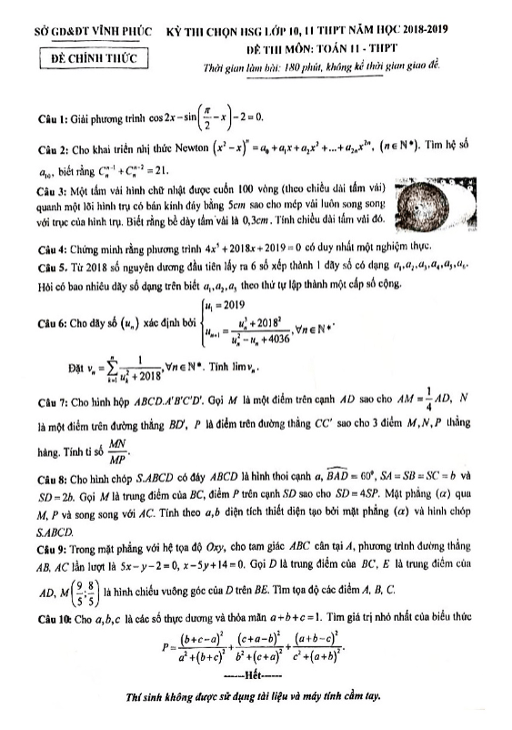 Đề thi chọn HSG Toán 11 THPT năm học 2018 – 2019 sở GD&ĐT Vĩnh Phúc
