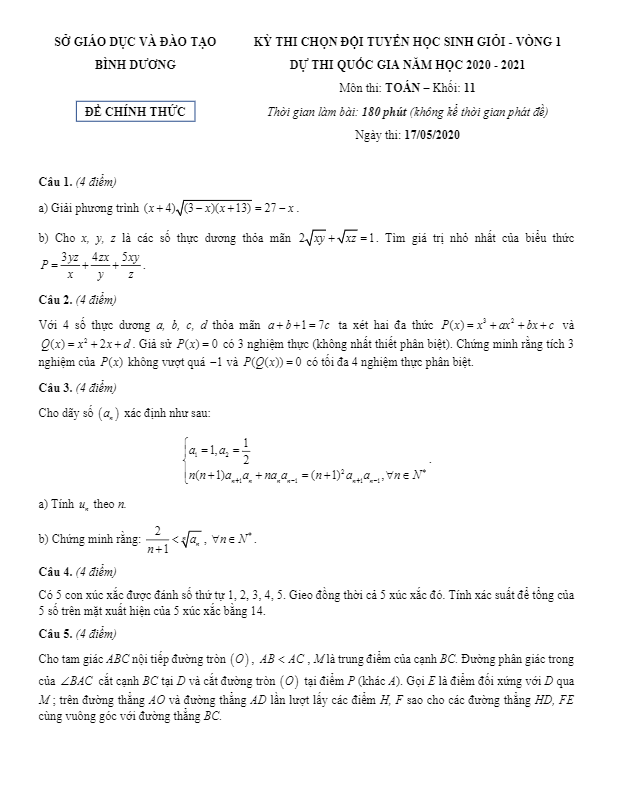 Đề thi chọn HSG Toán 11 vòng 1 năm học 2020 2021 sở GD&ĐT Bình Dương