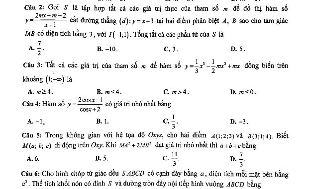 Đề thi chọn HSG Toán 12 cấp tỉnh năm học 2019 2020 sở GD&ĐT Bắc Giang