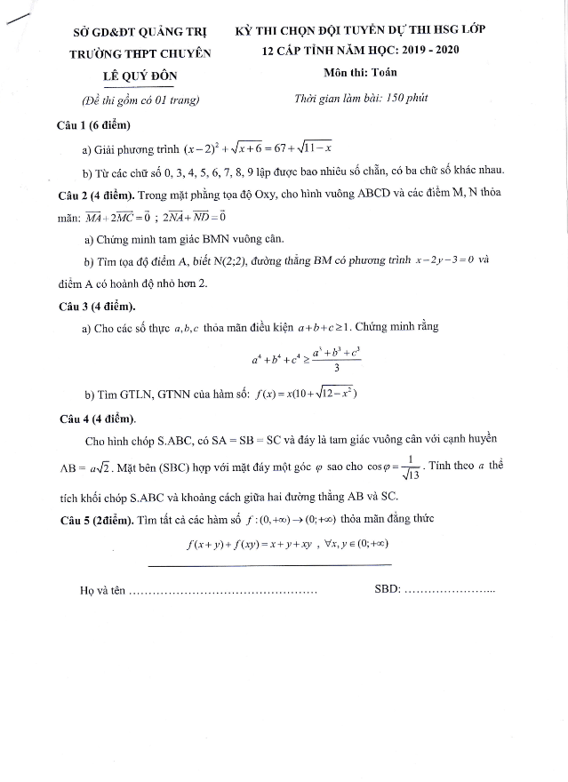Đề thi chọn HSG Toán 12 năm 2019 2020 trường chuyên Lê Quý Đôn Quảng Trị