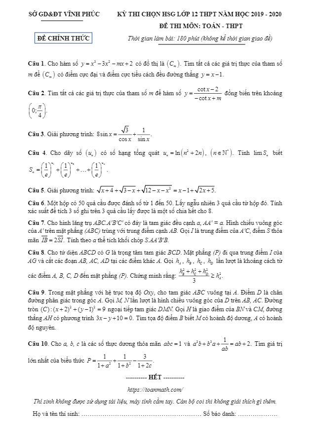 Đề thi chọn HSG Toán 12 THPT năm học 2019 2020 sở GD&ĐT Vĩnh Phúc