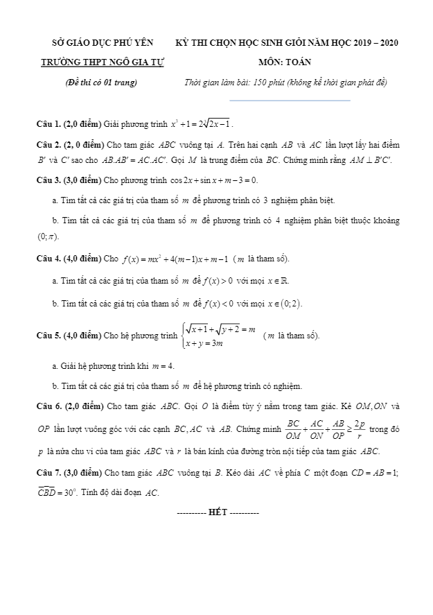 Đề thi chọn HSG Toán năm 2019 2020 trường THPT Ngô Gia Tự Phú Yên