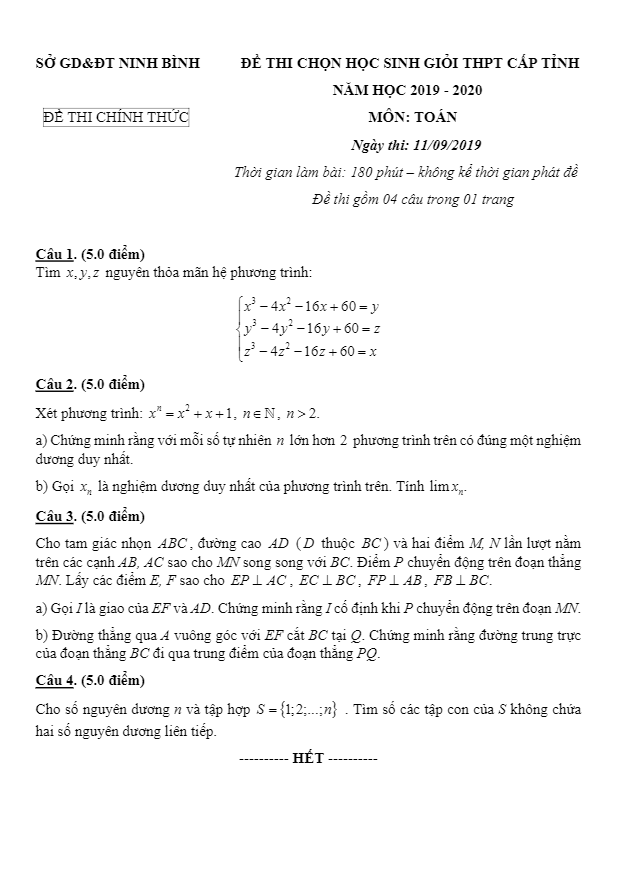 Đề thi chọn HSG Toán THPT cấp tỉnh năm 2019 2020 sở GD&ĐT Ninh Bình
