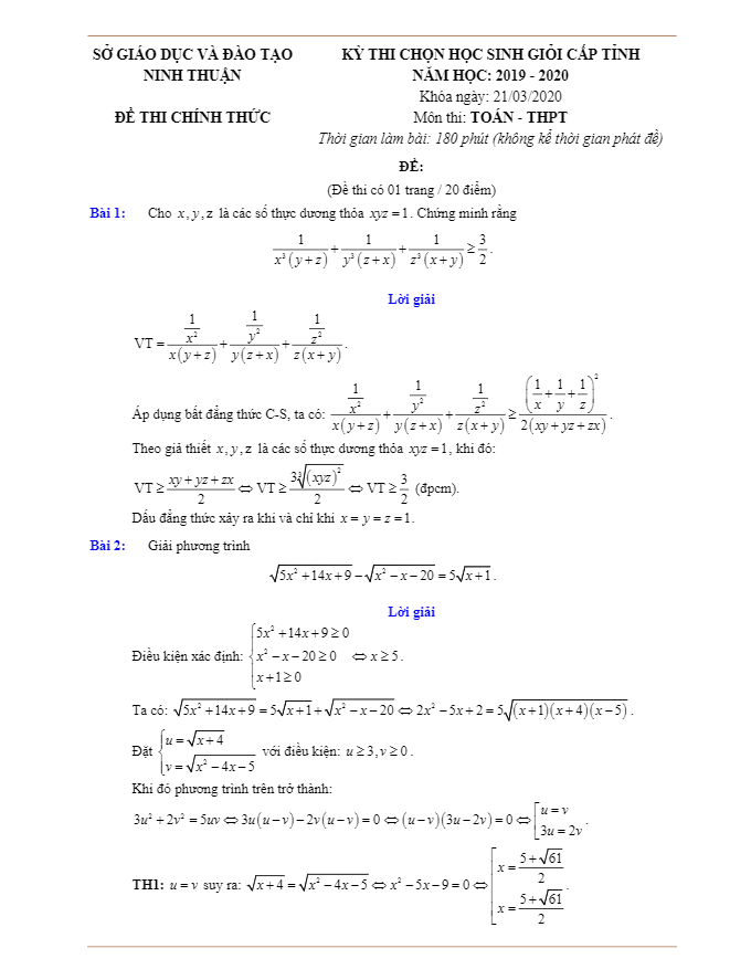 Đề thi chọn HSG Toán THPT cấp tỉnh năm 2019 2020 sở GD&ĐT Ninh Thuận