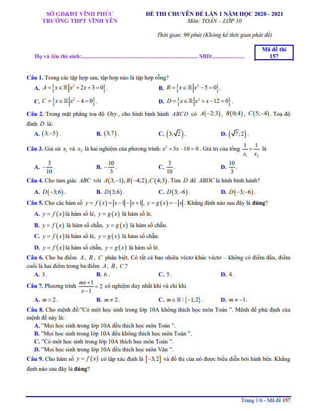 Đề thi chuyên đề Toán 10 lần 1 năm 2020 2021 trường THPT Vĩnh Yên Vĩnh Phúc