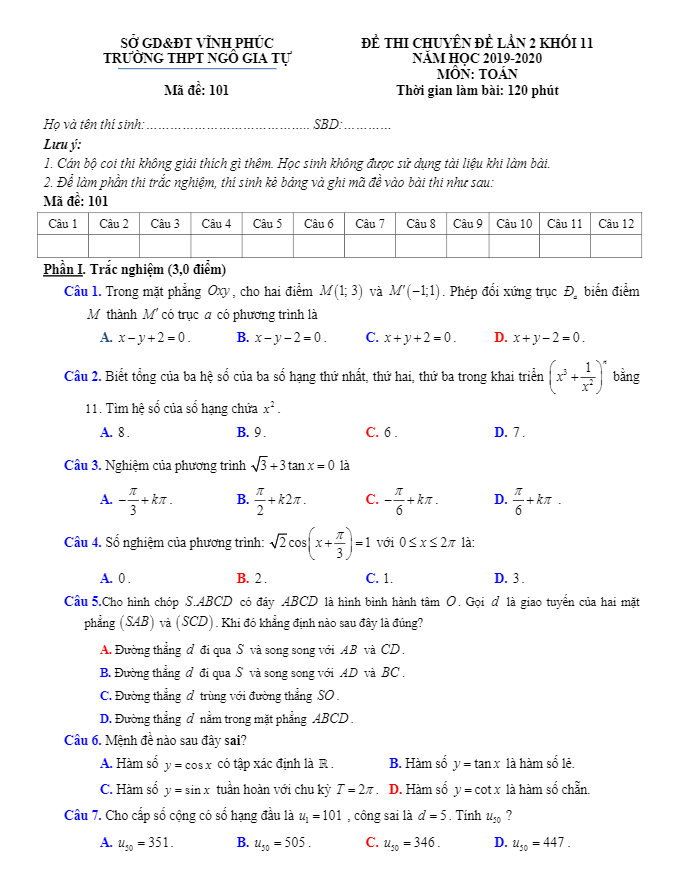 Đề thi chuyên đề Toán 11 lần 2 năm 2019 2020 trường Ngô Gia Tự Vĩnh Phúc