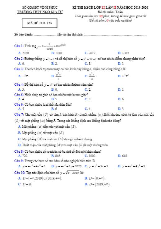 Đề thi chuyên đề Toán 12 lần 2 năm 2019 2020 trường Ngô Gia Tự Vĩnh Phúc