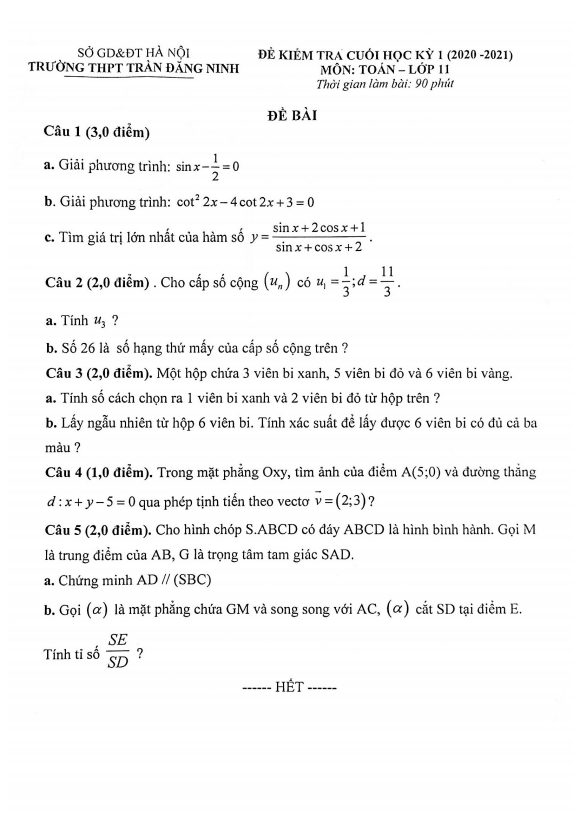 Đề thi cuối HK1 Toán 11 năm 2020 2021 trường THPT Trần Đăng Ninh Hà Nội