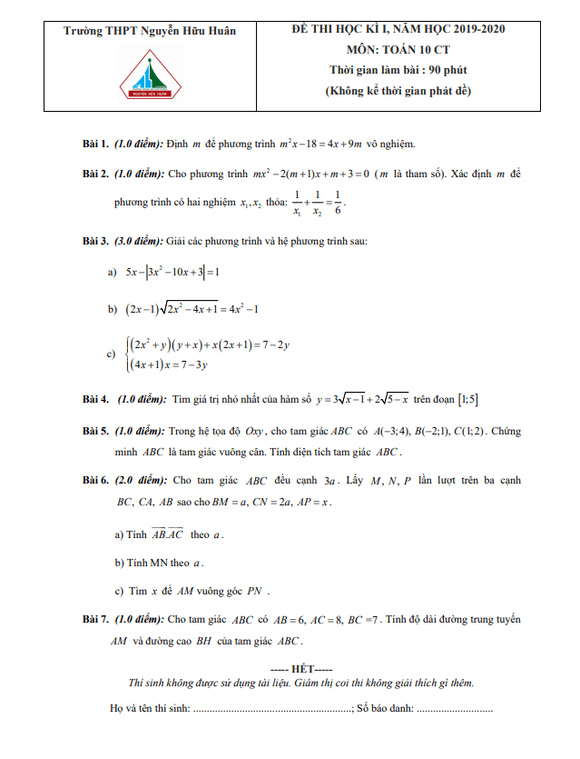 Đề thi cuối học kì 1 Toán 10 năm 2019 2020 trường THPT Nguyễn Hữu Huân TP HCM