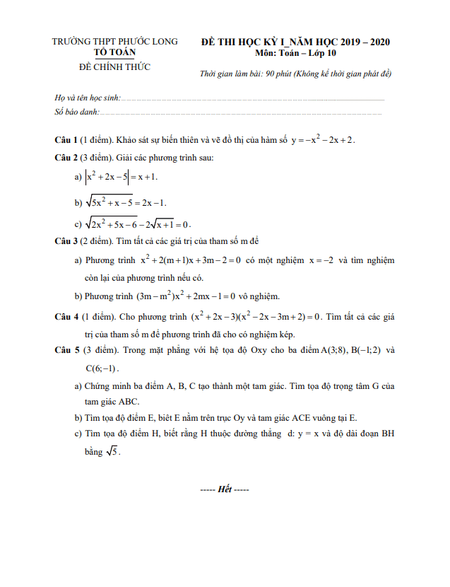 Đề thi cuối học kì 1 Toán 10 năm 2019 2020 trường THPT Phước Long TP HCM