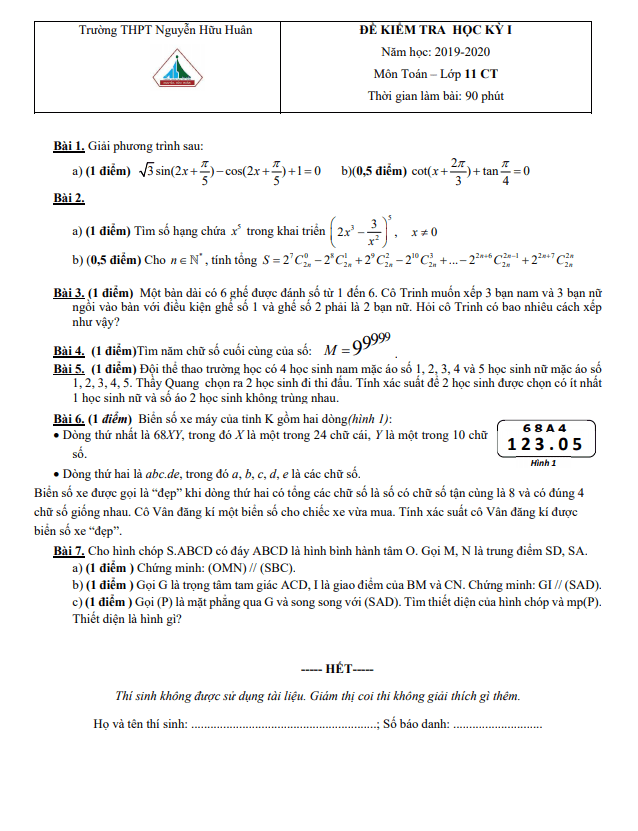 Đề thi cuối học kì 1 Toán 11 năm 2019 2020 trường THPT Nguyễn Hữu Huân TP HCM