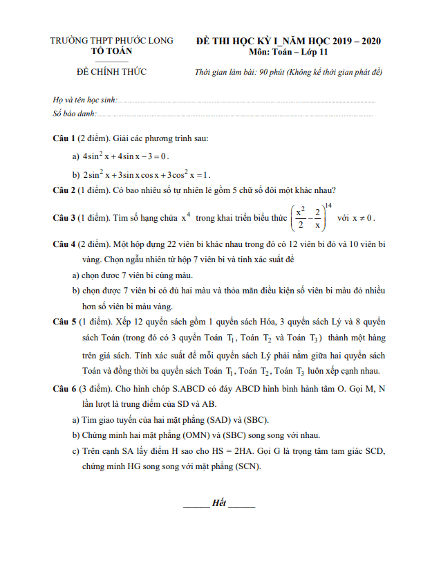 Đề thi cuối học kì 1 Toán 11 năm 2019 2020 trường THPT Phước Long TP HCM