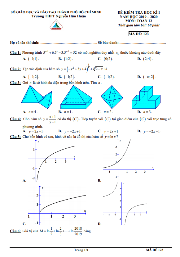 Đề thi cuối học kì 1 Toán 12 năm 2019 2020 trường THPT Nguyễn Hữu Huân TP HCM