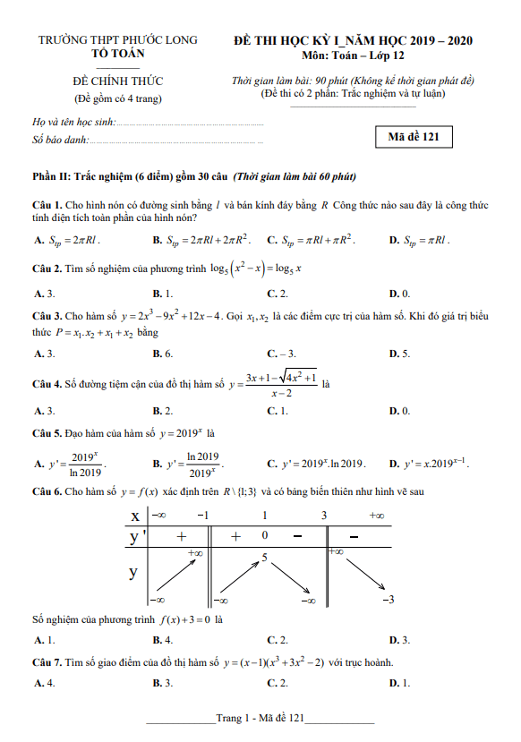 Đề thi cuối học kì 1 Toán 12 năm 2019 2020 trường THPT Phước Long TP HCM