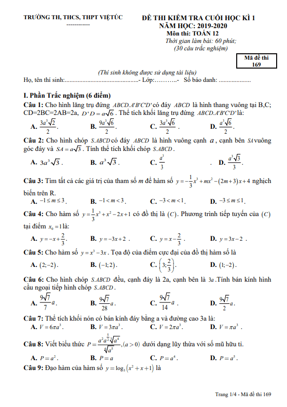 Đề thi cuối học kì 1 Toán 12 năm học 2019 2020 trường Việt Úc TP HCM