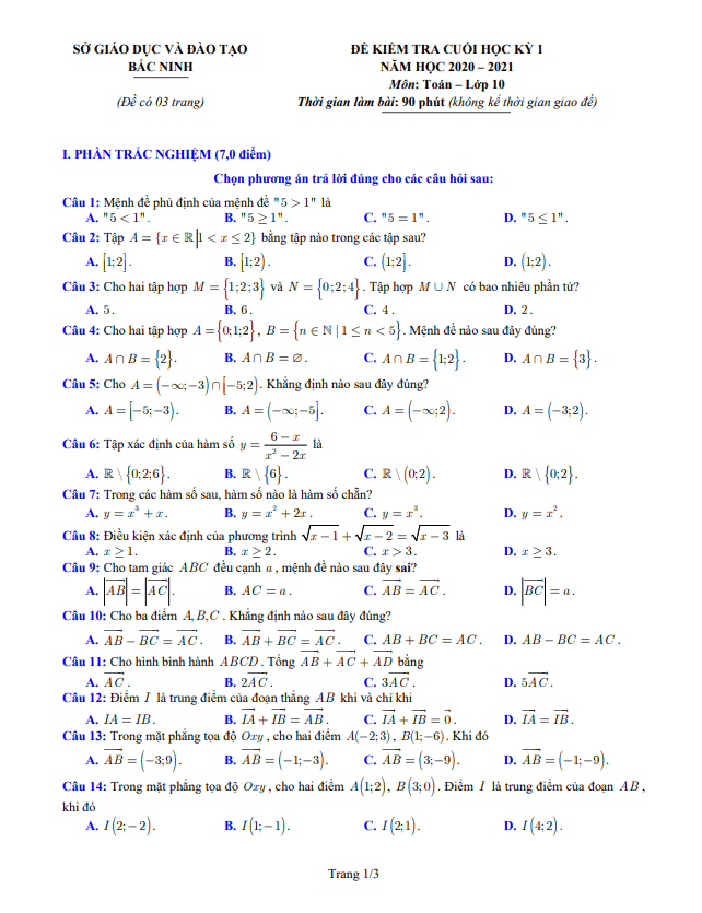 Đề thi cuối học kỳ 1 Toán 10 năm học 2020 2021 sở GD&ĐT Bắc Ninh