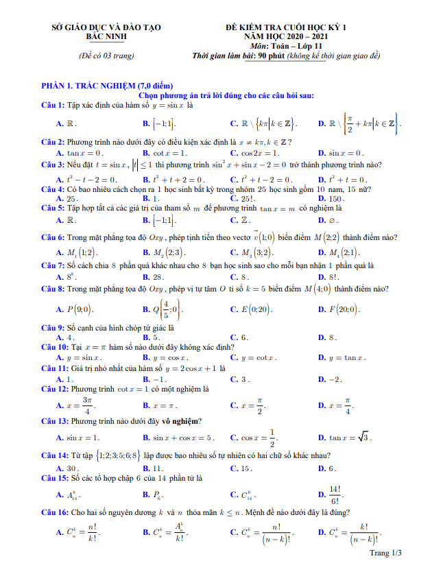 Đề thi cuối học kỳ 1 Toán 11 năm học 2020 2021 sở GD&ĐT Bắc Ninh