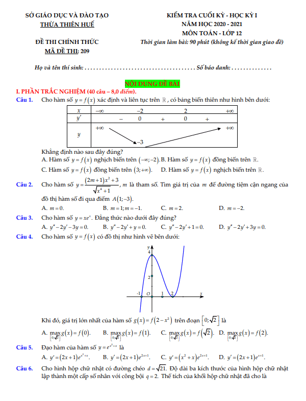 Đề thi cuối học kỳ 1 Toán 12 năm 2020 2021 sở GD&ĐT Thừa Thiên Huế