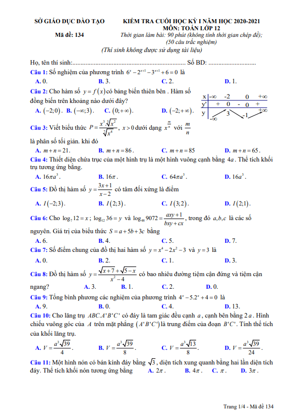 Đề thi cuối học kỳ 1 Toán 12 năm học 2020 2021 sở GD&ĐT Bình Dương