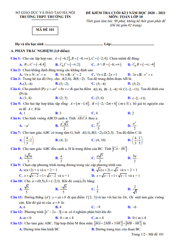 Đề thi cuối kì 1 Toán 10 năm 2020 2021 trường THPT Thường Tín Hà Nội