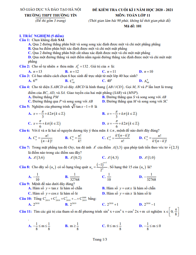 Đề thi cuối kì 1 Toán 11 năm 2020 2021 trường THPT Thường Tín Hà Nội