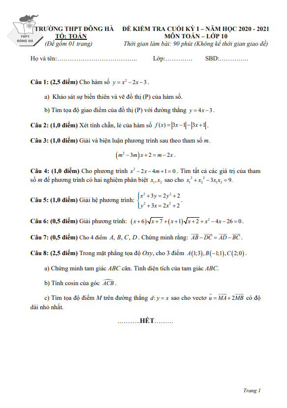 Đề thi cuối kỳ 1 Toán 10 năm 2020 2021 trường THPT Đông Hà Quảng Trị