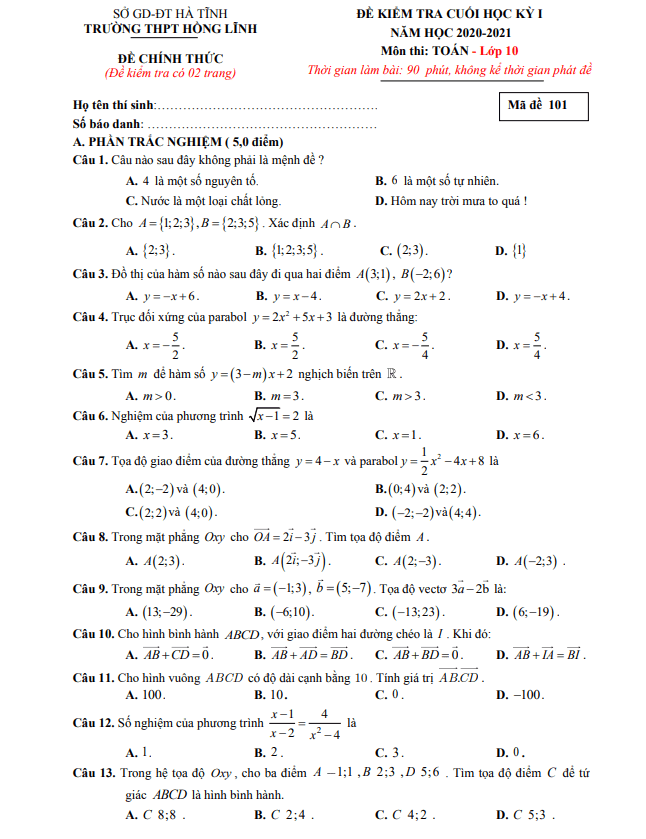 Đề thi cuối kỳ 1 Toán 10 năm 2020 2021 trường THPT Hồng Lĩnh Hà Tĩnh