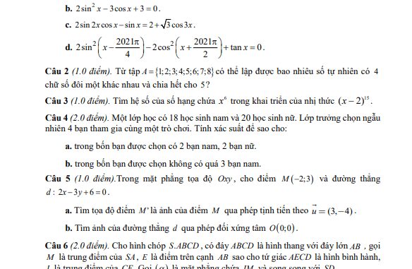 Đề thi cuối kỳ 1 Toán 11 năm 2020 2021 trường THPT Đông Hà Quảng Trị