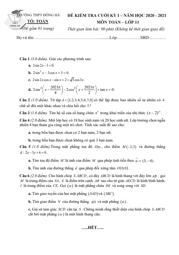 Đề thi cuối kỳ 1 Toán 11 năm 2020 2021 trường THPT Đông Hà Quảng Trị