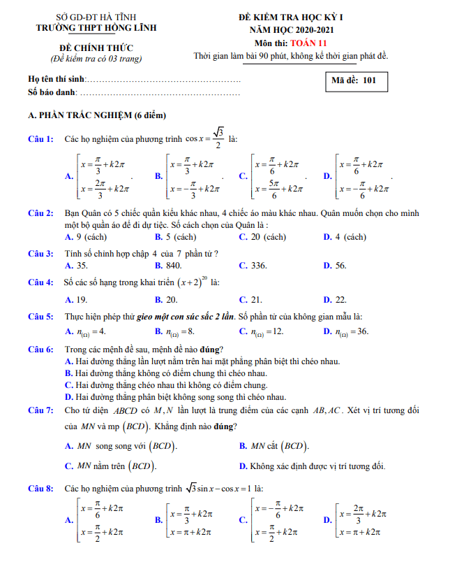 Đề thi cuối kỳ 1 Toán 11 năm 2020 2021 trường THPT Hồng Lĩnh Hà Tĩnh