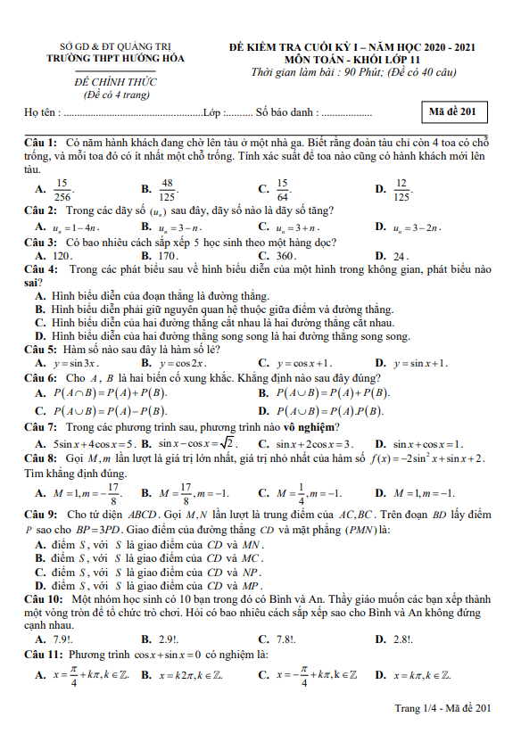 Đề thi cuối kỳ 1 Toán 11 năm 2020 2021 trường THPT Hướng Hóa Quảng Trị