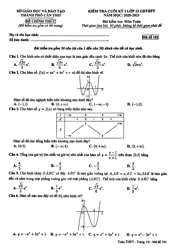 Đề thi cuối kỳ 1 Toán 12 GDTHPT năm 2020 2021 sở GD&ĐT Cần Thơ