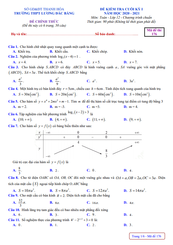 Đề thi cuối kỳ 1 Toán 12 năm 2020 2021 trường Lương Đắc Bằng Thanh Hóa