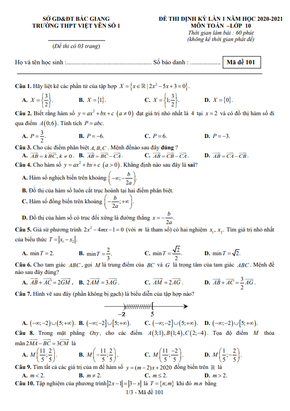 Đề thi định kỳ Toán 10 lần 1 năm 2020 2021 trường Việt Yên 1 Bắc Giang