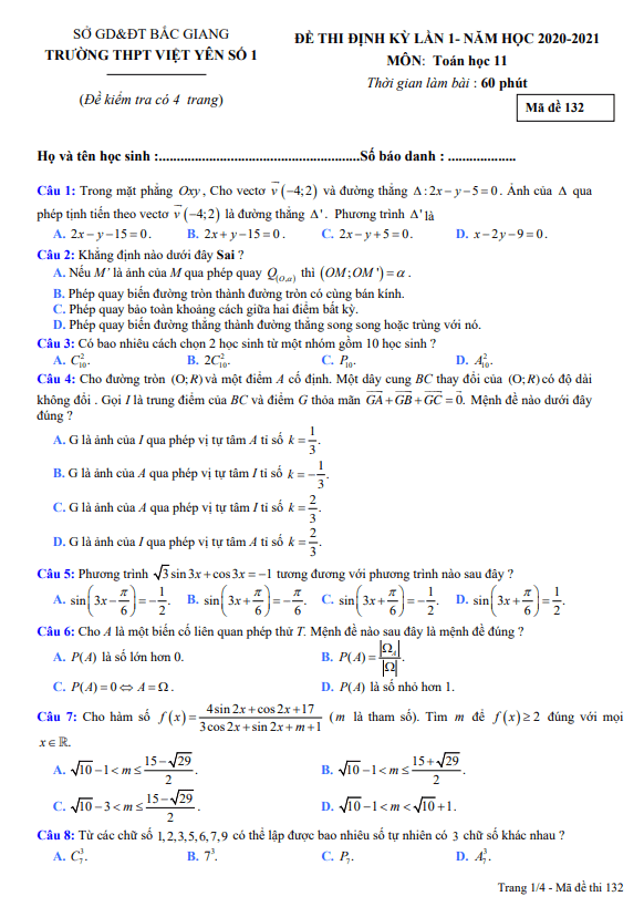Đề thi định kỳ Toán 11 lần 1 năm 2020 2021 trường Việt Yên 1 Bắc Giang