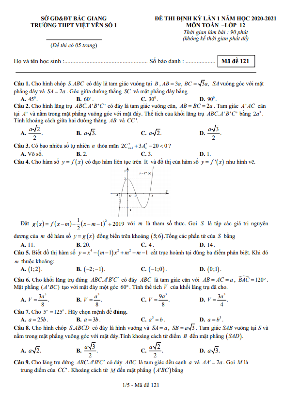 Đề thi định kỳ Toán 12 lần 1 năm 2020 2021 trường Việt Yên 1 Bắc Giang