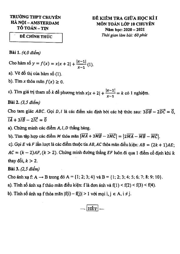 Đề thi giữa HK1 Toán 10 chuyên năm 2020 2021 trường chuyên Hà Nội Amsterdam