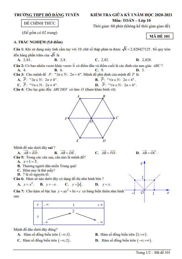 Đề thi giữa HK1 Toán 10 năm 2020 2021 trường THPT Đỗ Đăng Tuyển Quảng Nam