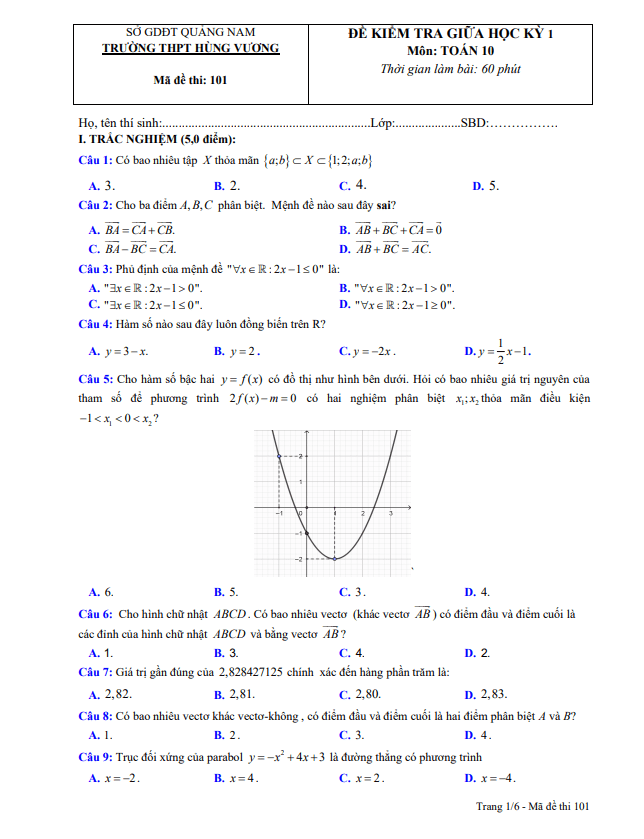 Đề thi giữa HK1 Toán 10 năm 2020 2021 trường THPT Hùng Vương Quảng Nam