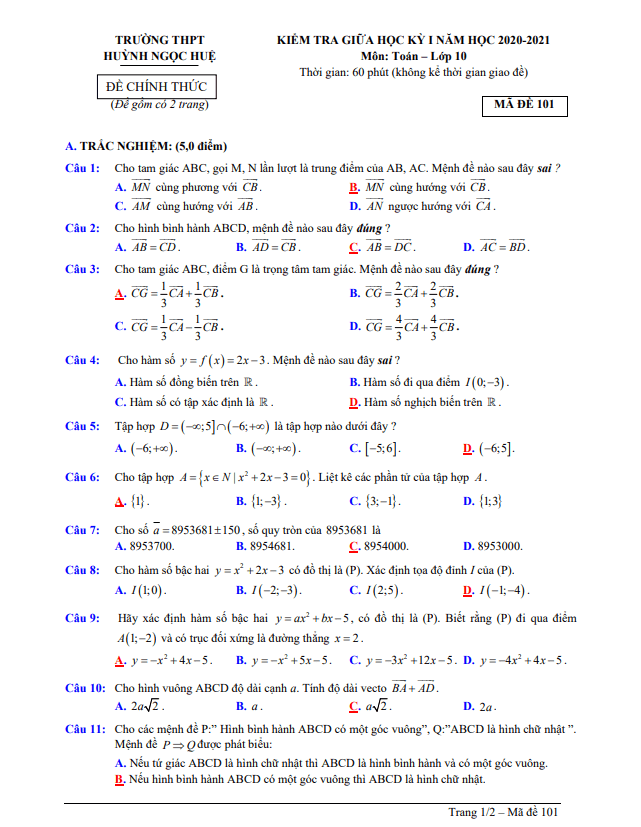Đề thi giữa HK1 Toán 10 năm 2020 2021 trường THPT Huỳnh Ngọc Huệ Quảng Nam