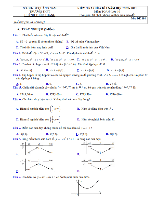 Đề thi giữa HK1 Toán 10 năm 2020 2021 trường THPT Huỳnh Thúc Kháng Quảng Nam
