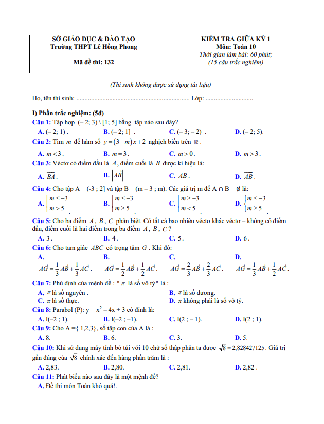 Đề thi giữa HK1 Toán 10 năm 2020 2021 trường THPT Lê Hồng Phong Quảng Nam