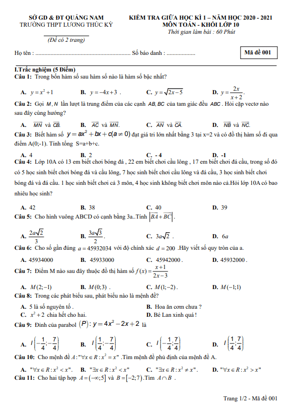 Đề thi giữa HK1 Toán 10 năm 2020 2021 trường THPT Lương Thúc Kỳ Quảng Nam