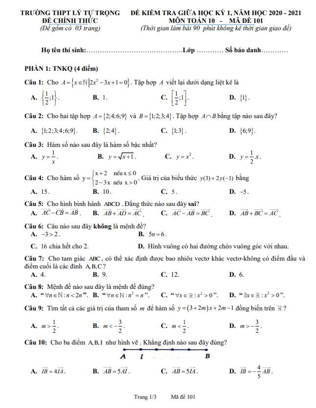 Đề thi giữa HK1 Toán 10 năm 2020 2021 trường THPT Lý Tự Trọng Hà Tĩnh