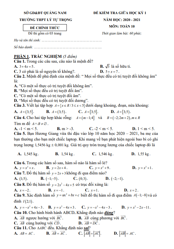 Đề thi giữa HK1 Toán 10 năm 2020 2021 trường THPT Lý Tự Trọng Quảng Nam