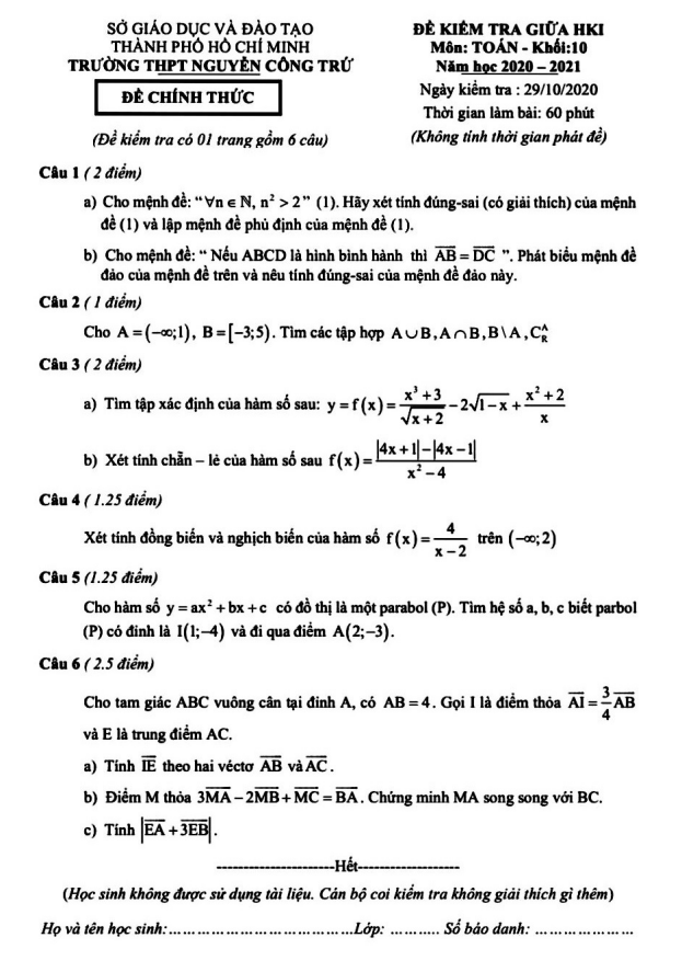 Đề thi giữa HK1 Toán 10 năm 2020 2021 trường THPT Nguyễn Công Trứ TP HCM