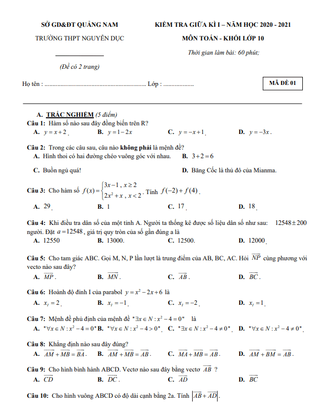 Đề thi giữa HK1 Toán 10 năm 2020 2021 trường THPT Nguyễn Dục Quảng Nam
